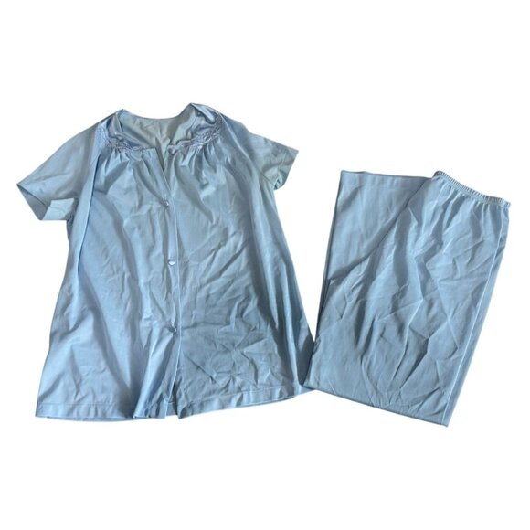 Vintage Vanity Fair 2 Piece Pajama Set Shirt Pants Sky Blue Nylon Womens Small S - Picture 1 of 8
